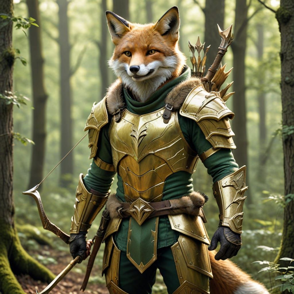 Half Human Half Fox Hunter in Green and Golden Armor