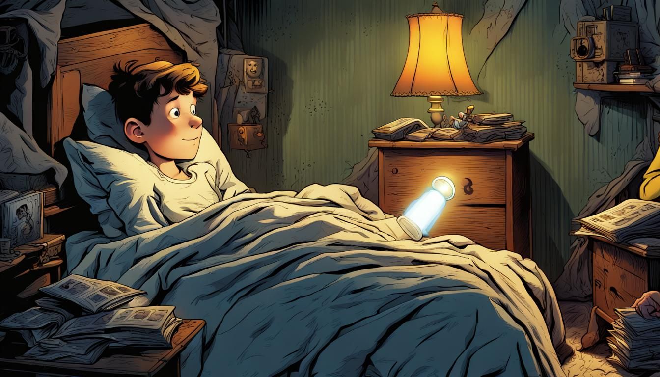 Boy Reading Comics in Bed, Classic Illustration Style
