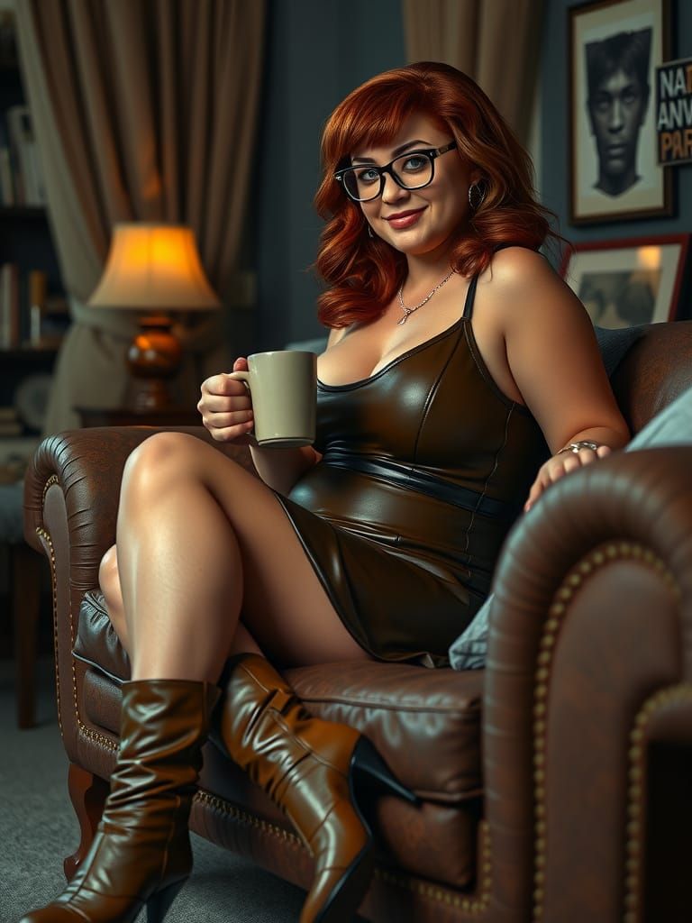 Velma in Sultry Leather Dress, Relaxing in the Night
