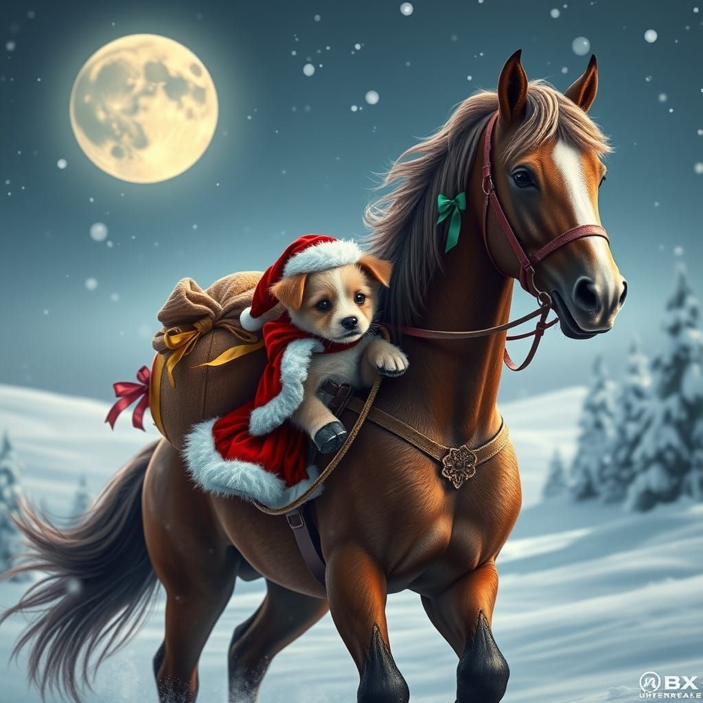 Magical Winter Scene with Santa Puppy and Horse