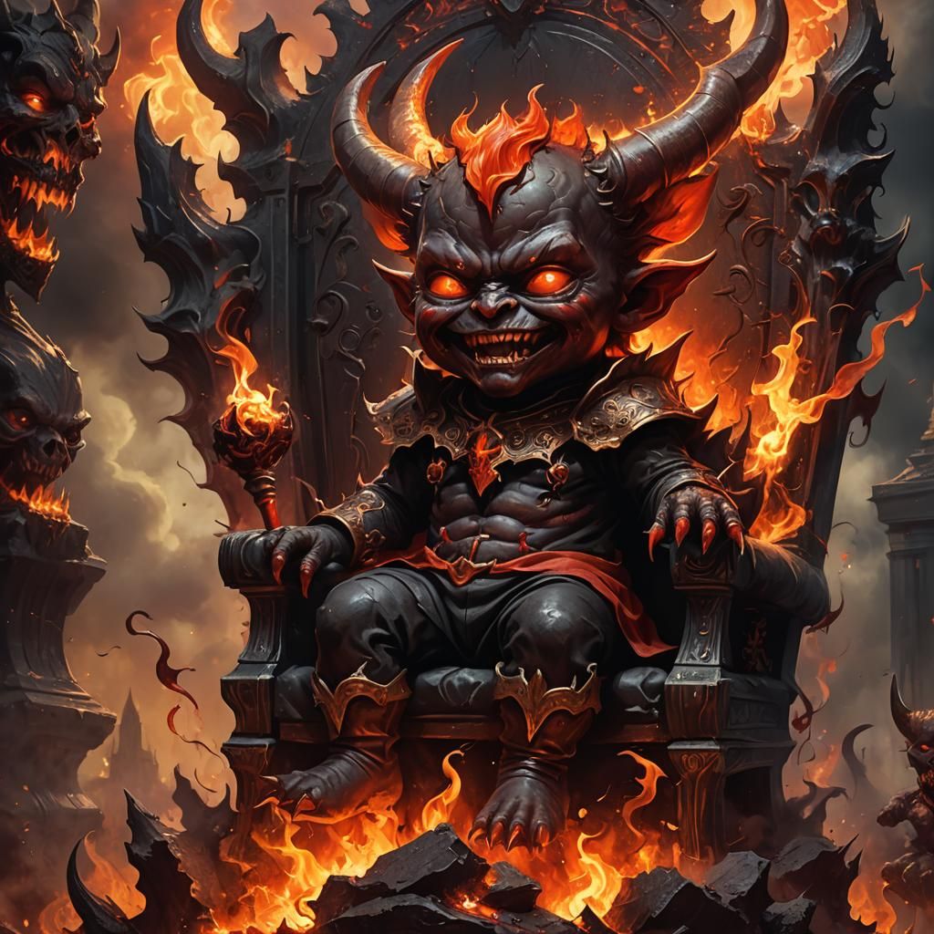 Baby Devil on Throne in Hellish Landscape