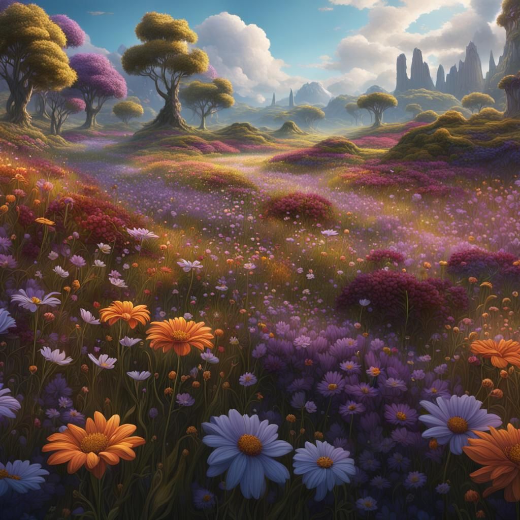 Fantastical Field of Flowers in Detailed Matte Painting