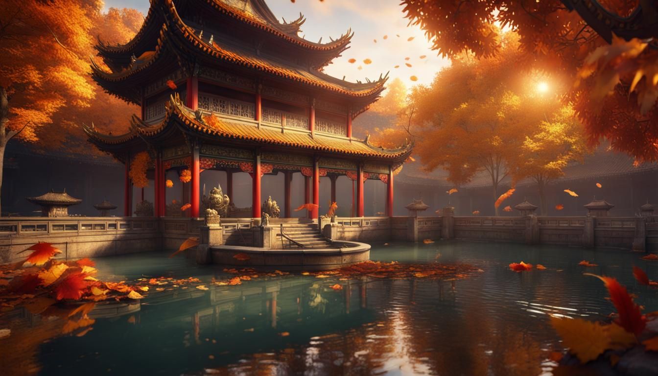 Elegant Chinese Fountain with Golden Carp, Autumnal Concept ...