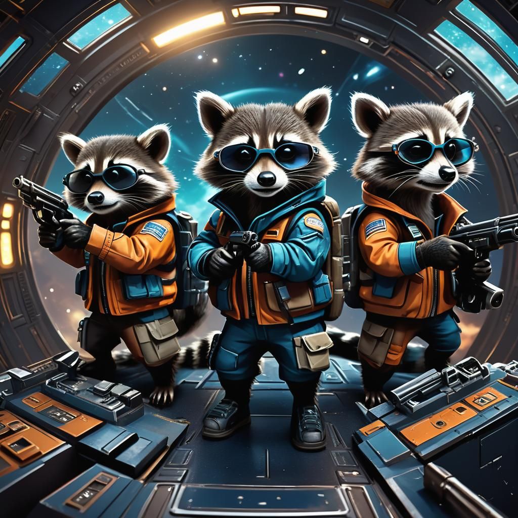 Galactic Raccoon Bounty Hunters in Flight Jackets and Shades