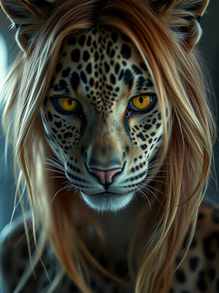 Hyperrealistic Leopard Woman with Golden Hair