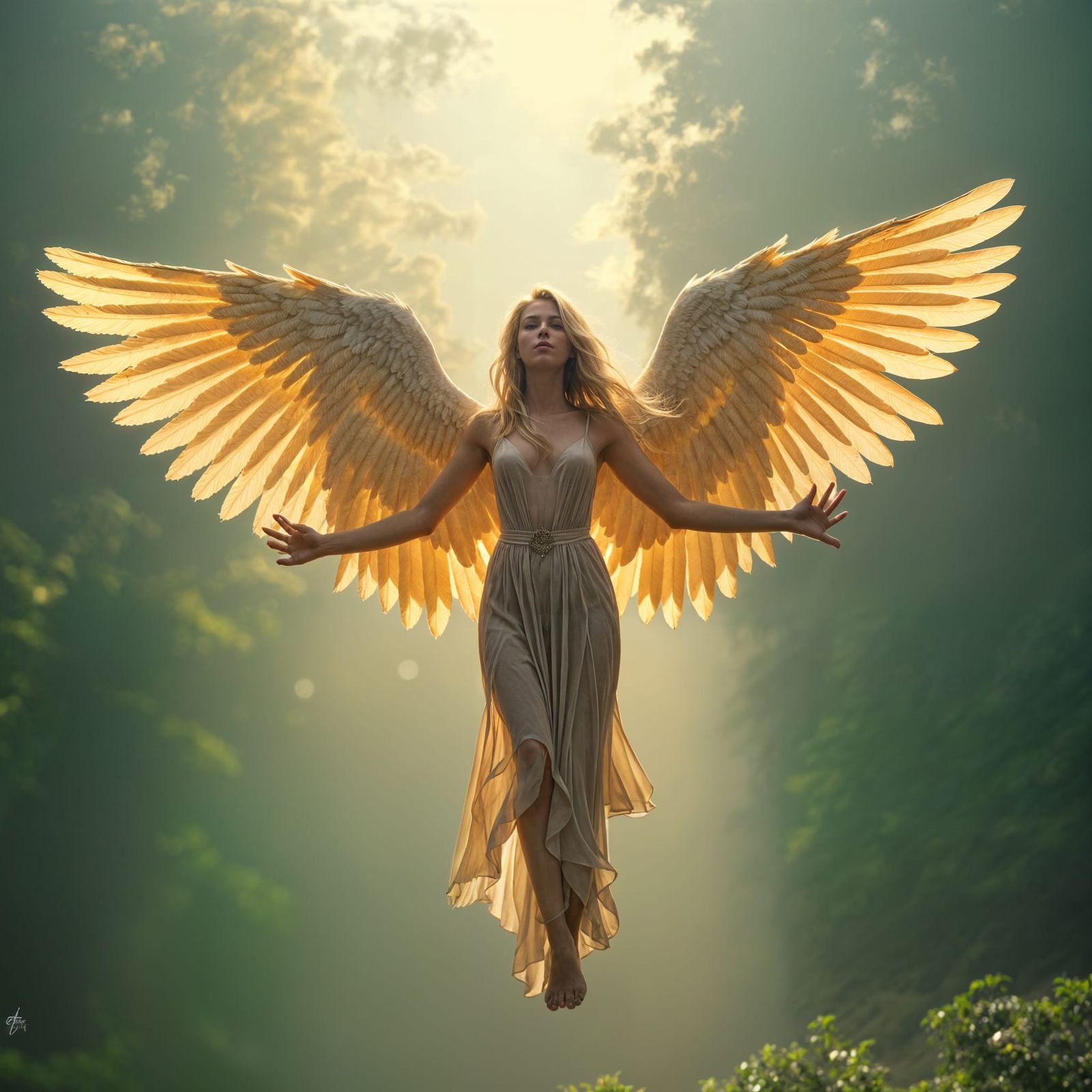 A beautiful blonde barefoot angel with a twenty foot wingspa...