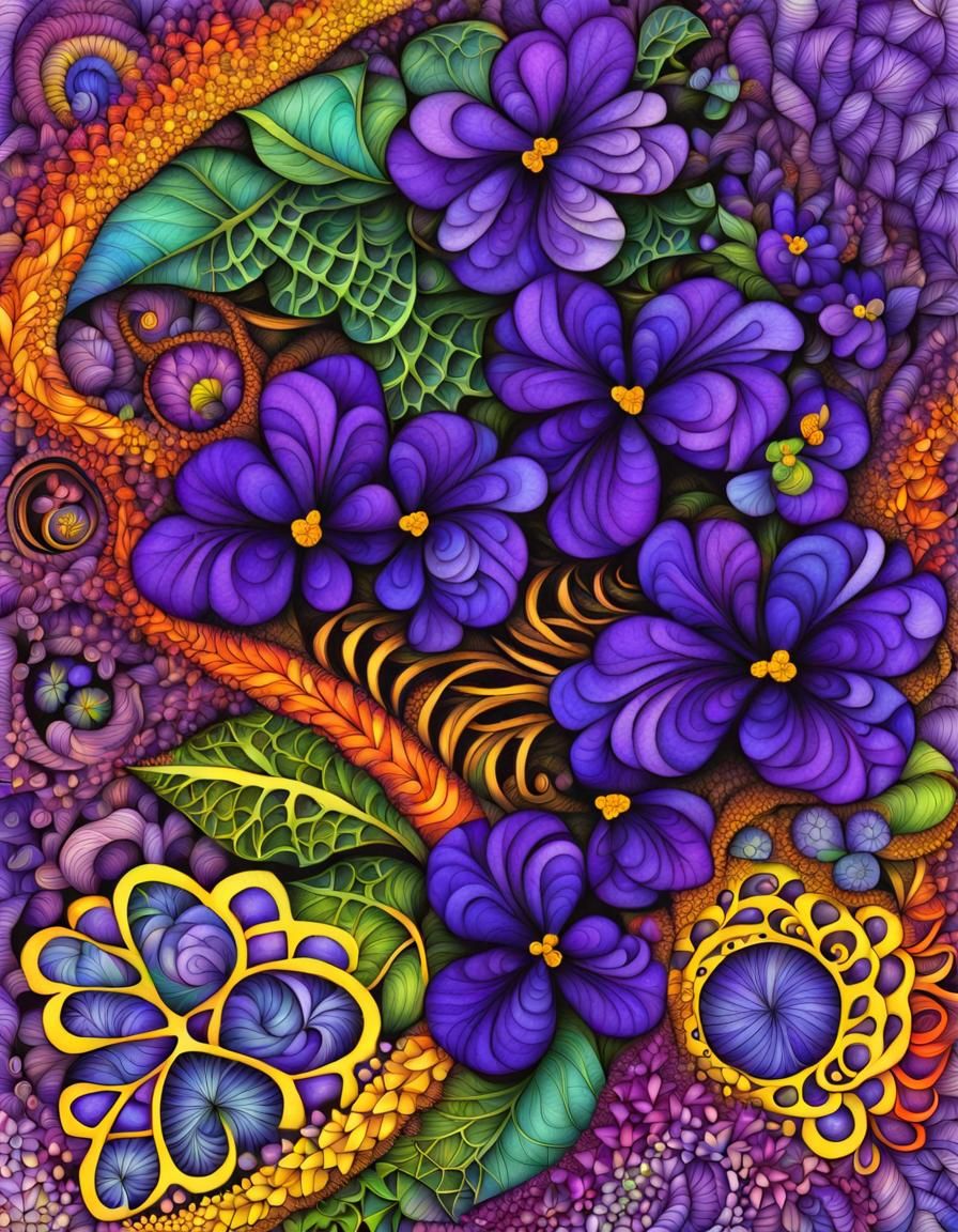 Fractal Zentangle, vibrant garden, violets