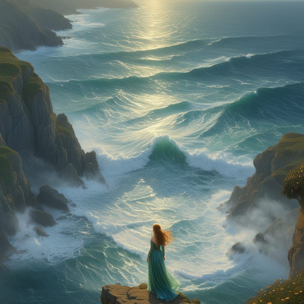 Ethereal Woman on Cliff Overlooking Ocean in Golden Hour