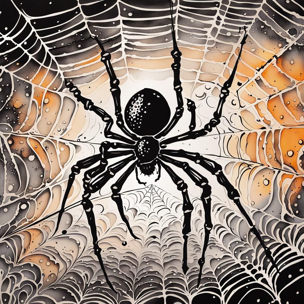 "with a brush creating a puzzle of black ink splashes an int...