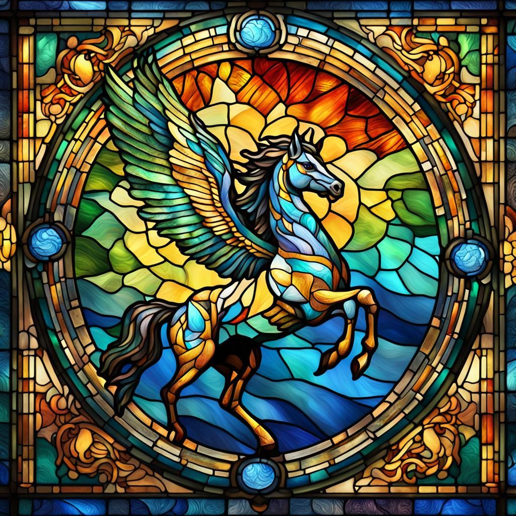Stained Glass Pegasus Soaring Through Flames