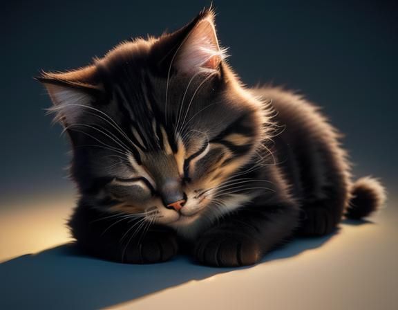 Cute Kitten Curled Up Asleep: 3D Digital Art