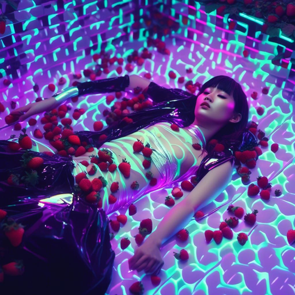 Hyperreal Asian Model Portrait with Neon and Strawberries