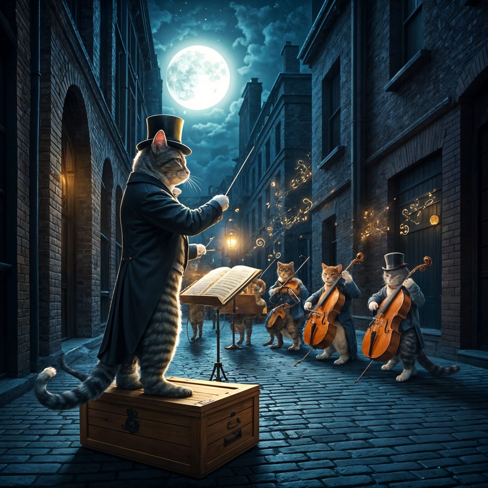 Whimsical Cat Orchestra Under the Full Moon