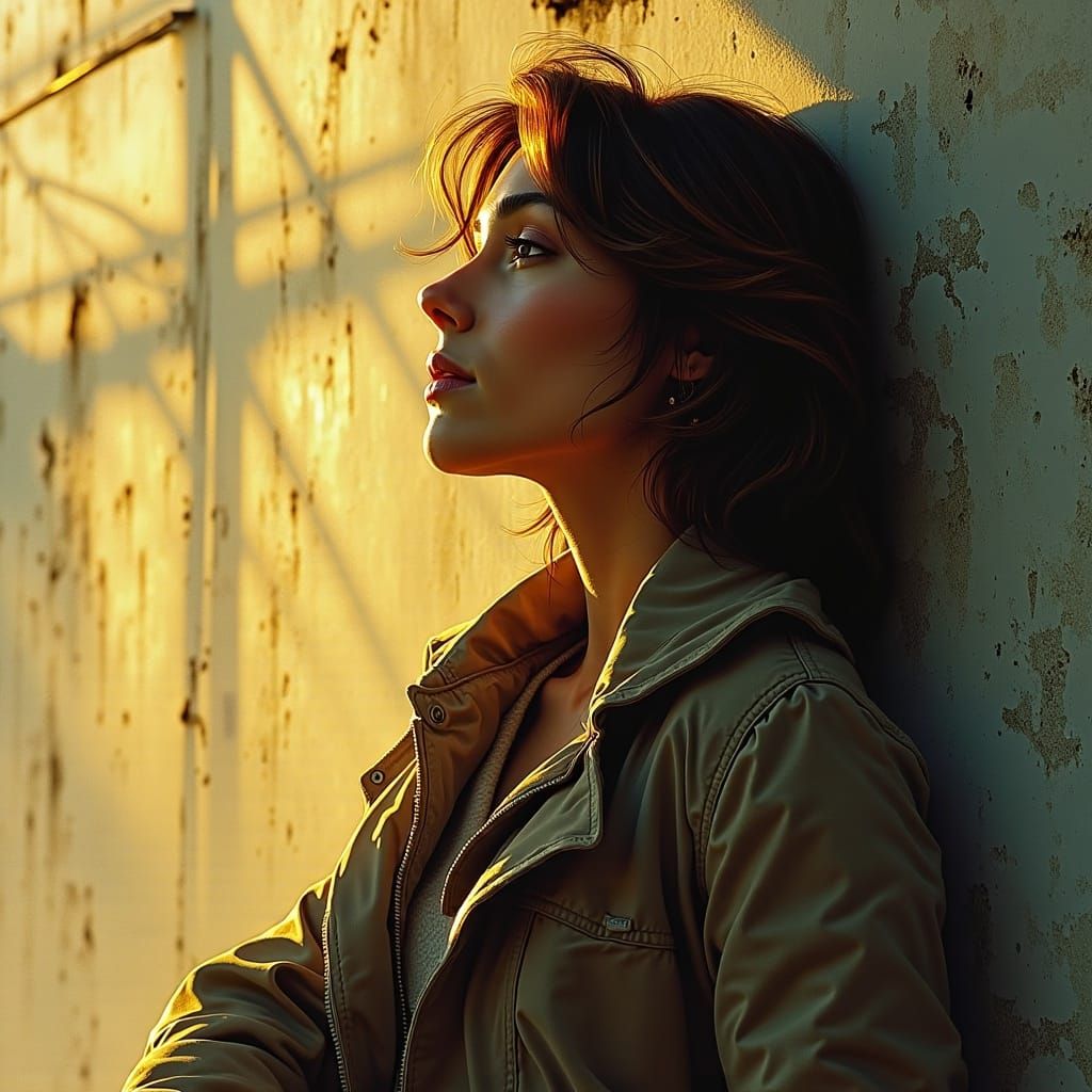 Contemplative Woman in Golden Light: 1980s Concept Art