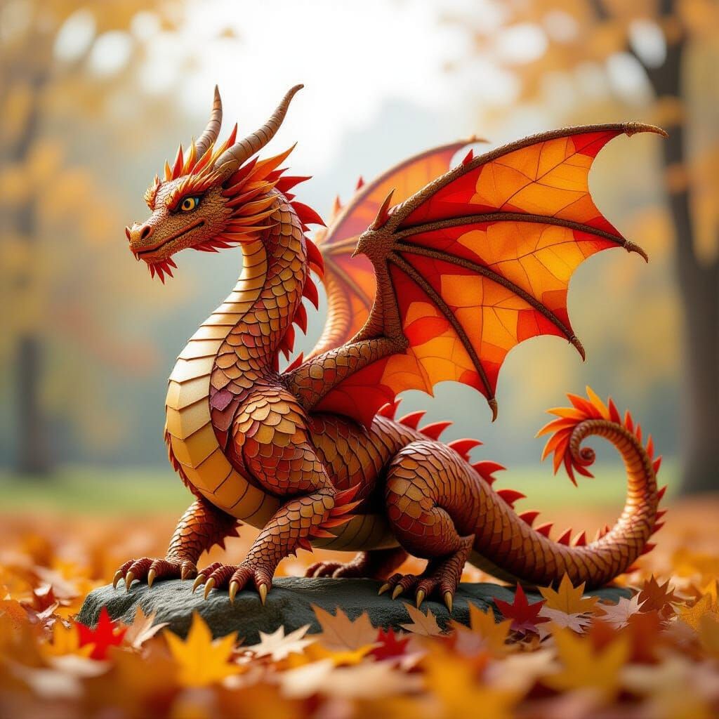 Majestic Dragon Sculpture Made of Autumn Leaves
