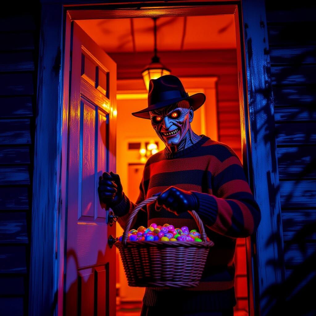 Freddy Krueger Offers Candy At Spooky Halloween House