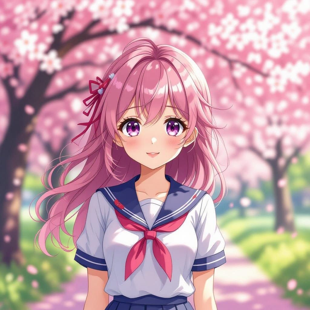 Anime Girl in Cherry Blossom Garden Digital Art