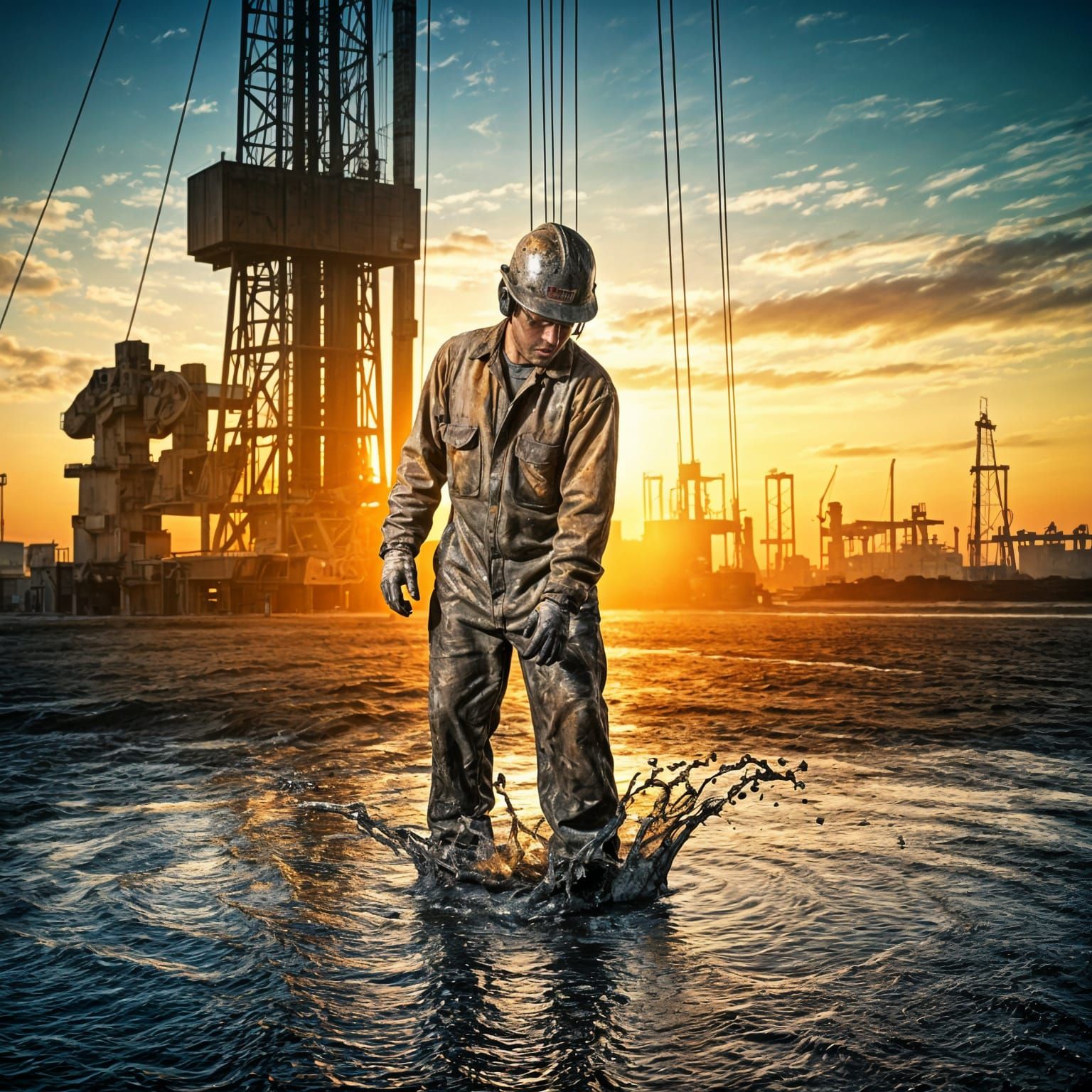 Oil Rig Worker in Hyperdetailed Sunset