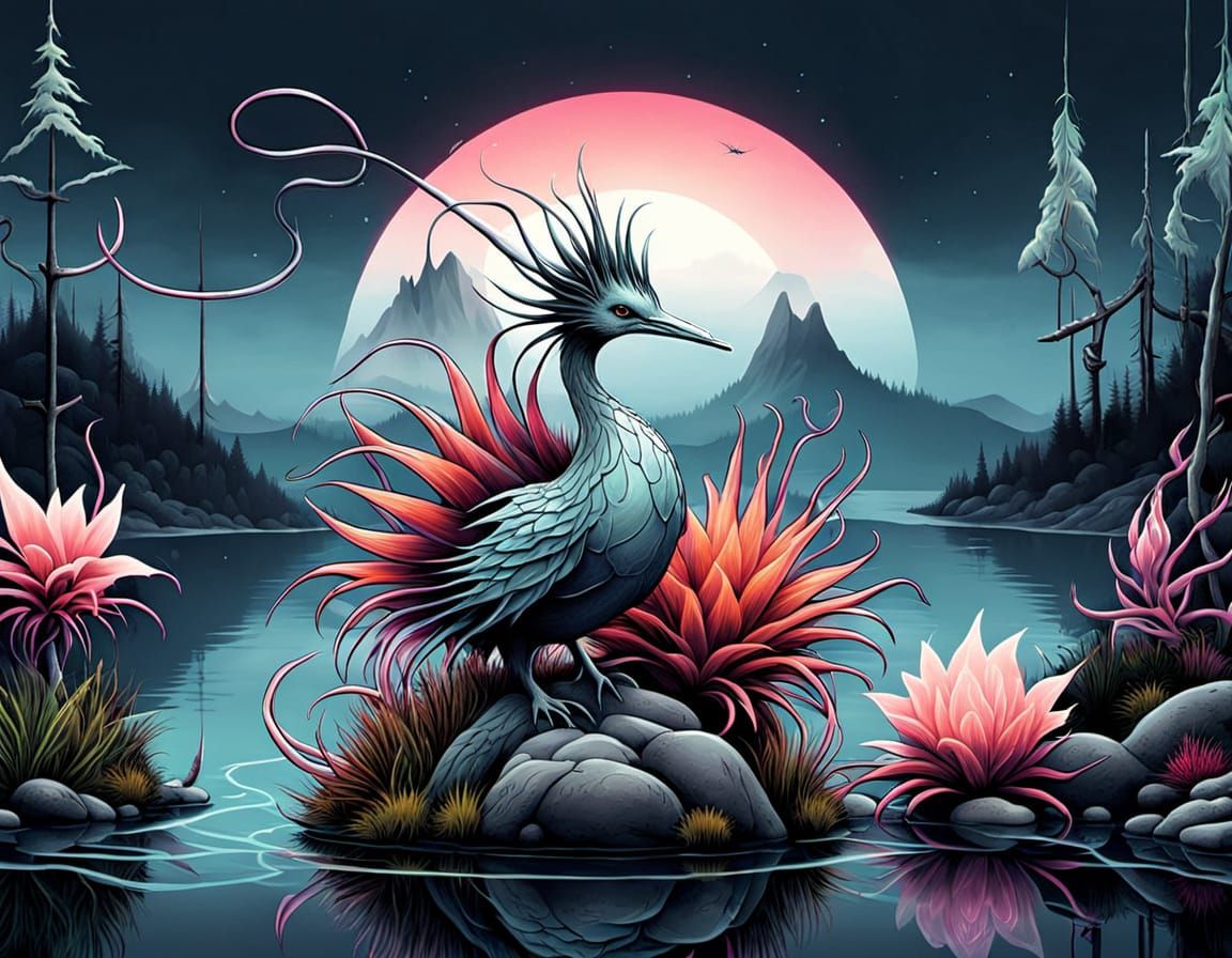 H-Ish FaunalFlora in Neon Liquid Fire Outline by a Lake