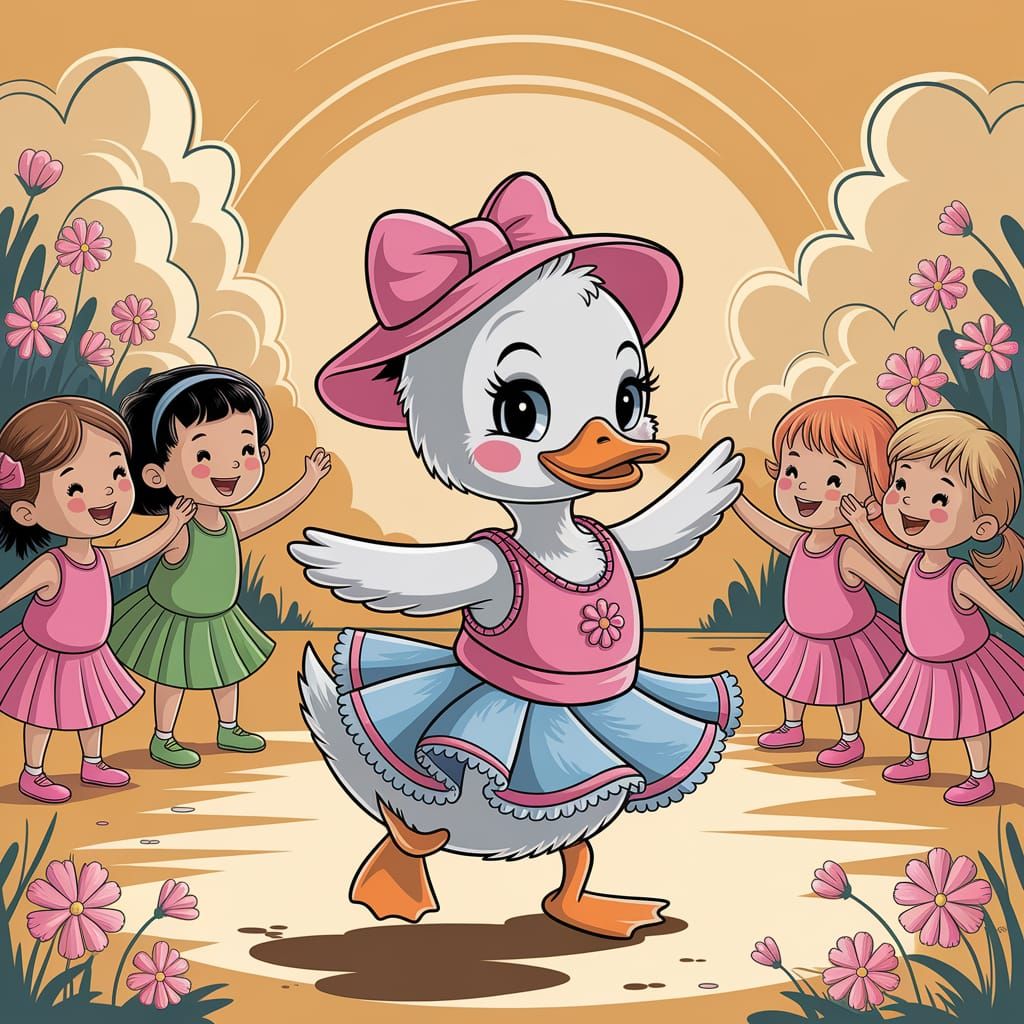 Dancing Duckling in Colorful Attire Under Golden Sunset
