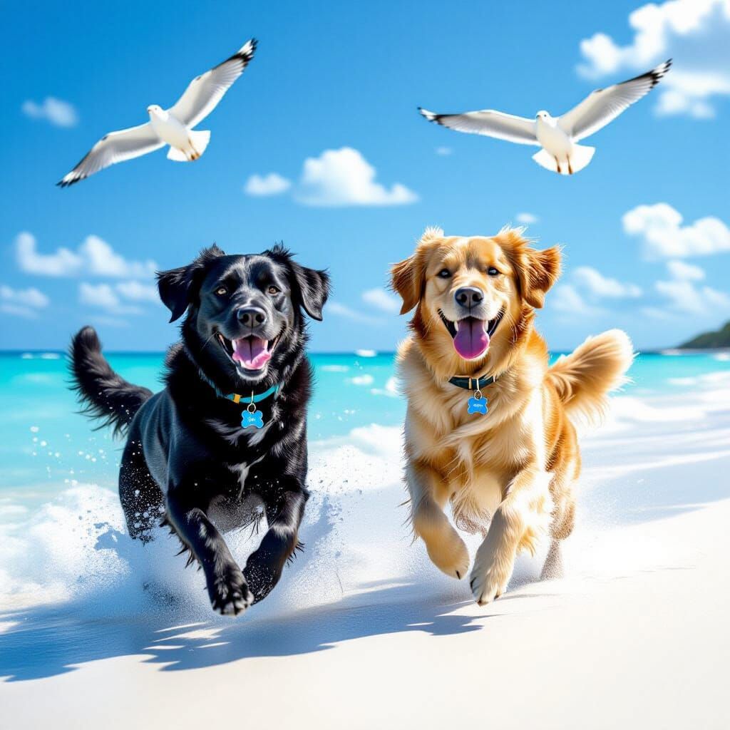 Black Lab and Golden Retriever Play on White Sand Beach