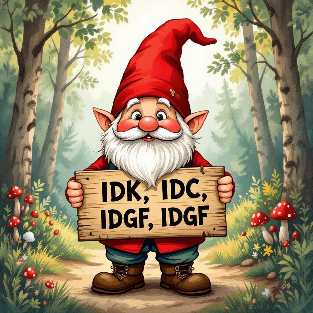 Whimsical Gnome Holding Sign in Forest Illustration