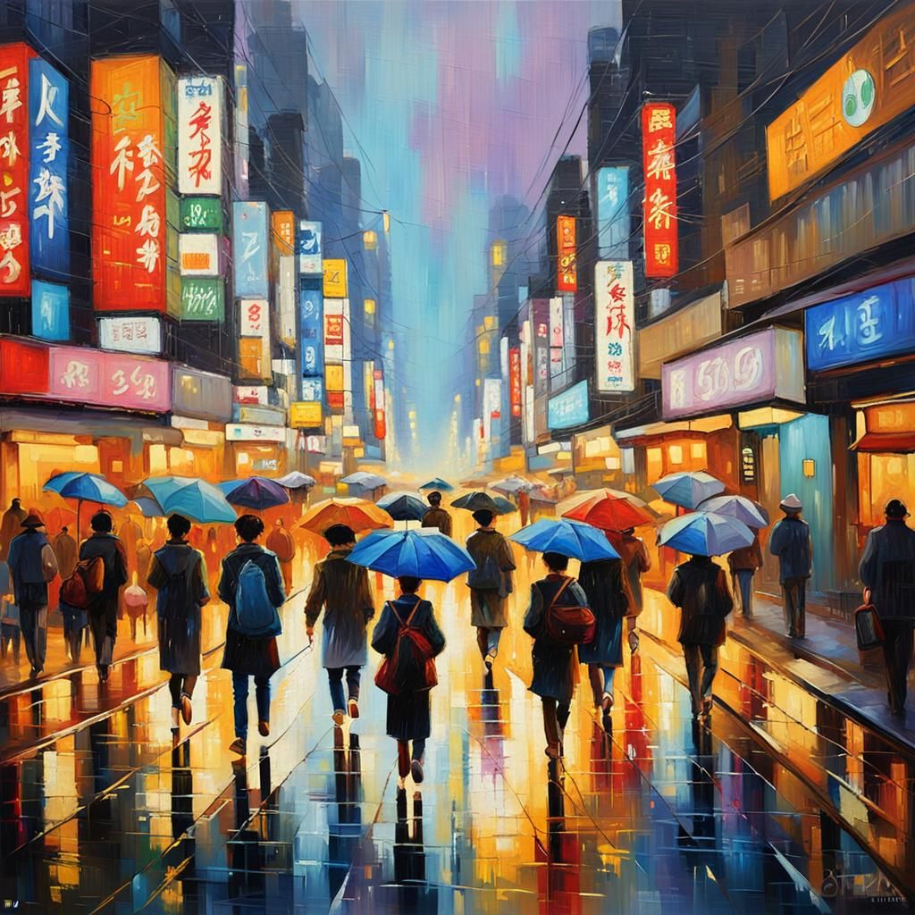 Osaka Japan Street Scene in Expressionist Style