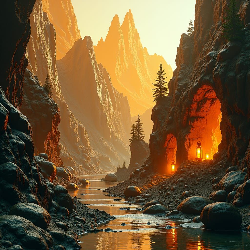 hyperrealistic,
Mountain in the Wild West made of golden glass with a miniature world inside on shelves. Surrealistic, ...