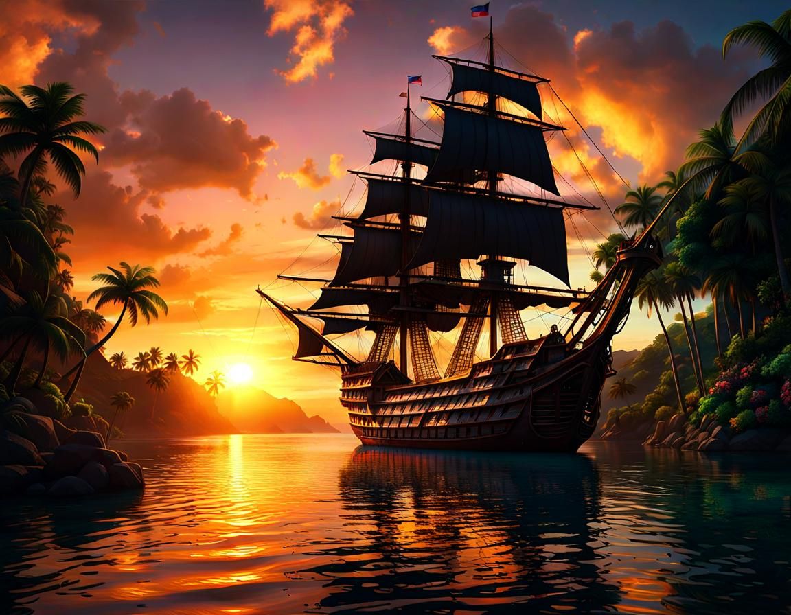 Sailing Ship in Tropical Lagoon at Sunset