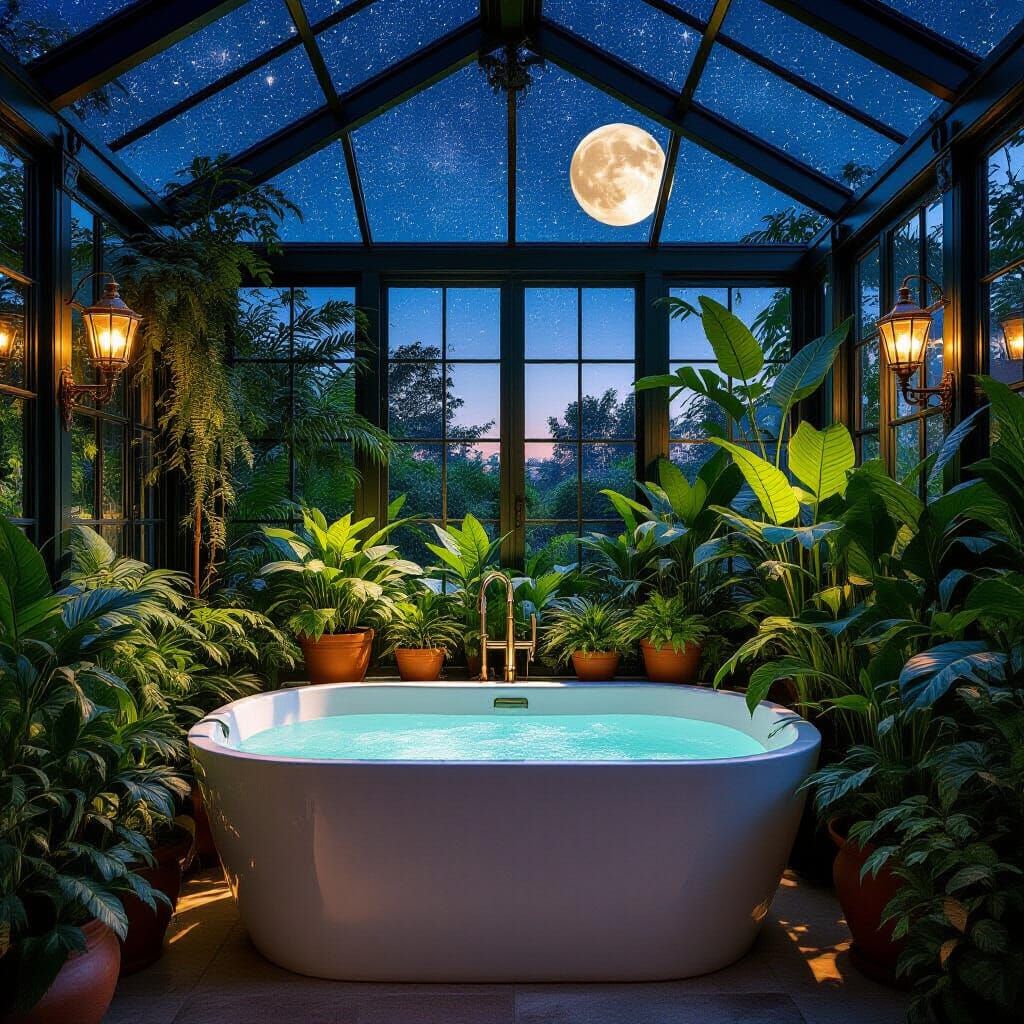 Serene Greenhouse Bath with Starry Night Sky