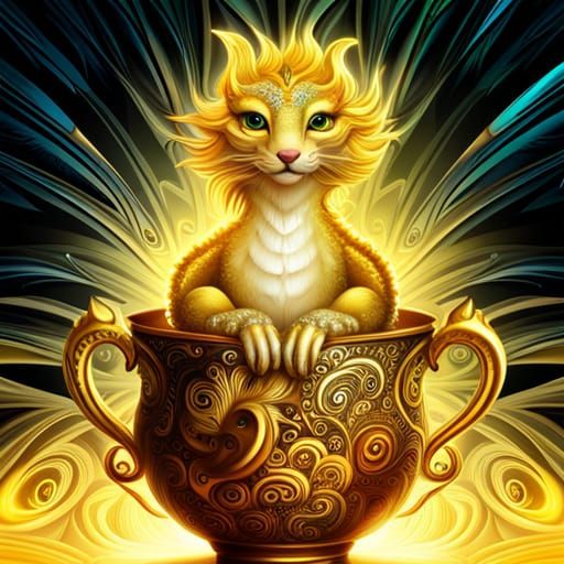 Golden Dragon Cub in Cup, Digital Oil Painting