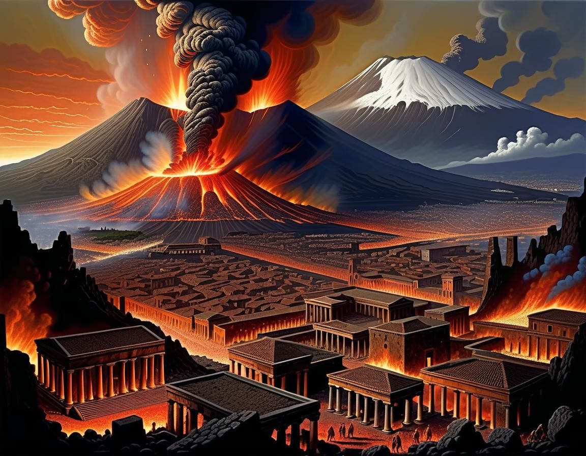 Vesuvius Eruption Destroys Pompeii: Wrightson and Brom Style