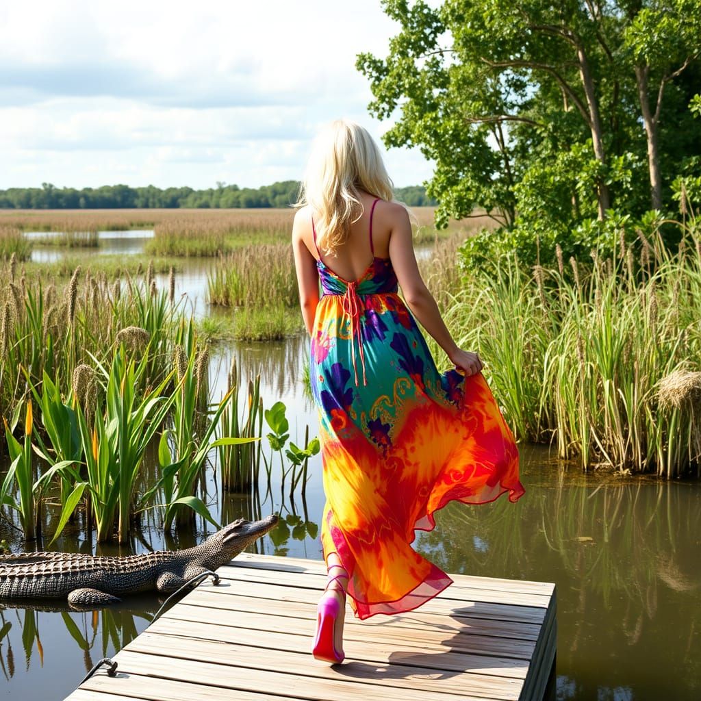 Woman in Flowing Dress Walks Dock to Swamp