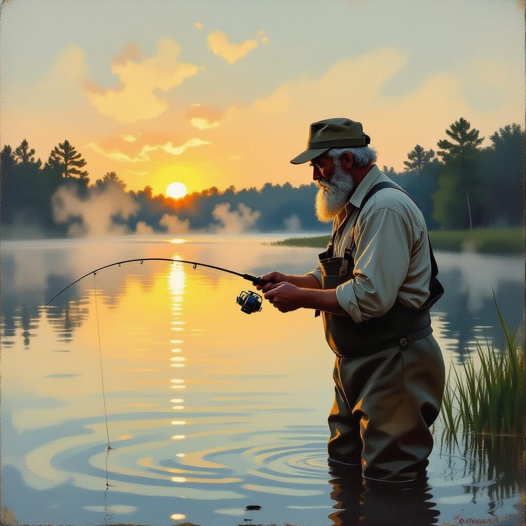 Fisherman Casting Line at Dawn in Oil Painting Style