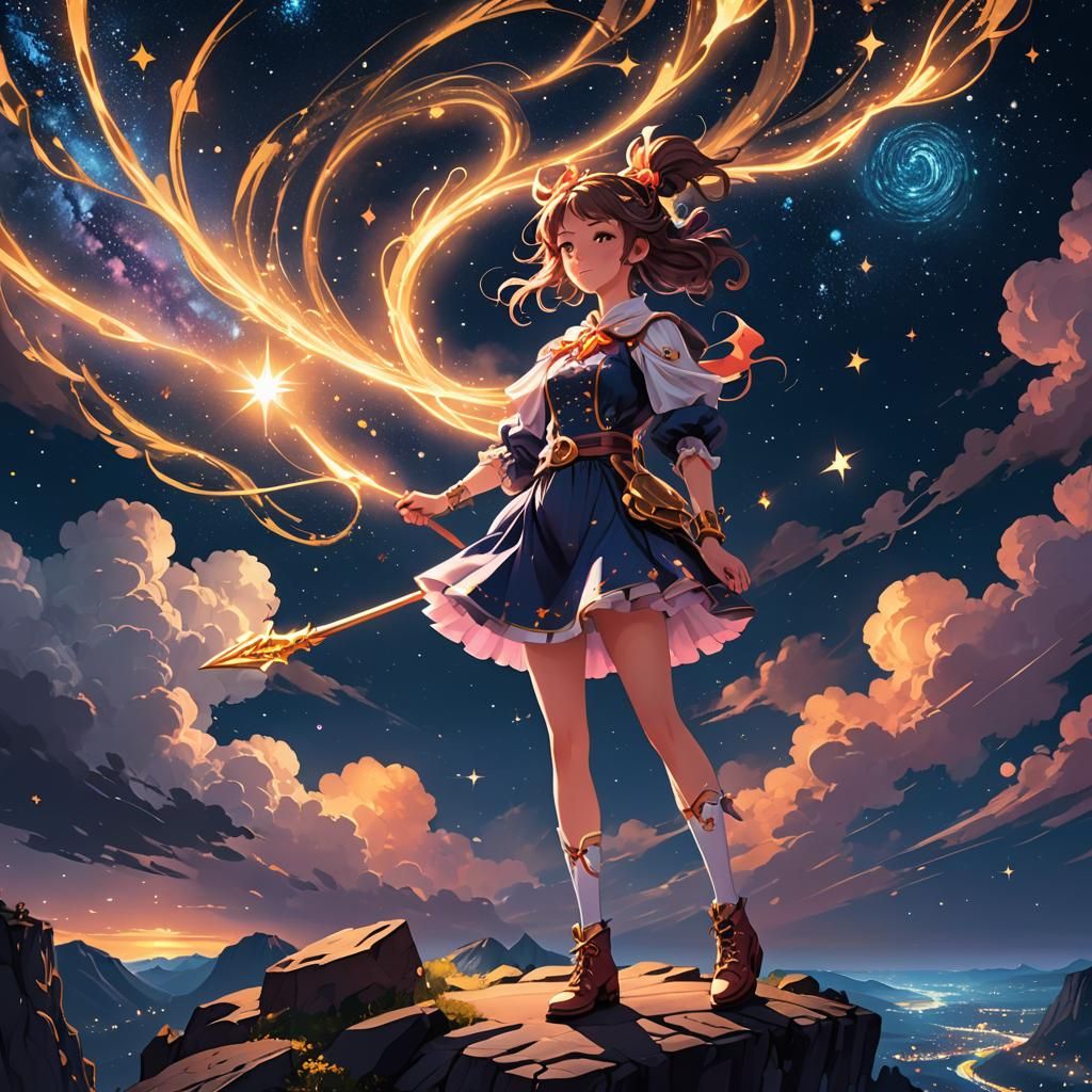 Magical Girl Under Starry Night Sky: Digital Art