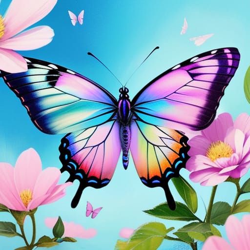 Macro Butterfly on Flower in Oil Painting Style