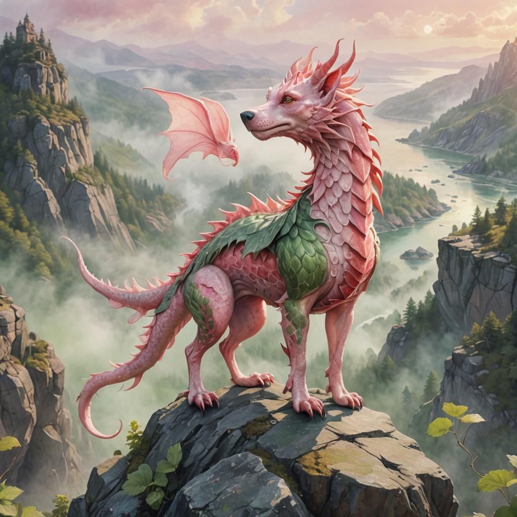 Strawberry Dragon-Dog Hybrid in Watercolor Style