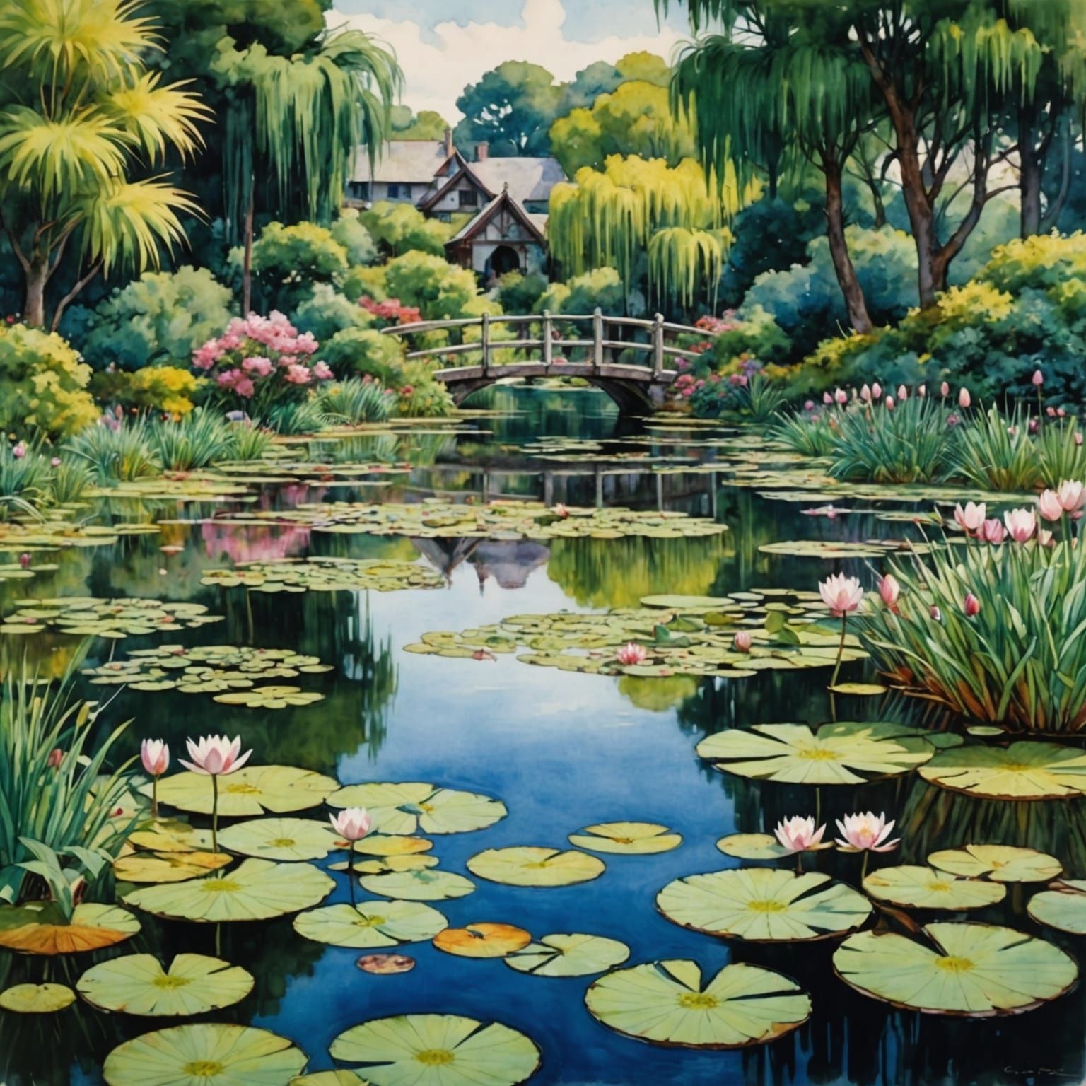 Watercolor Pond Inspired by Waterhouse and Anime