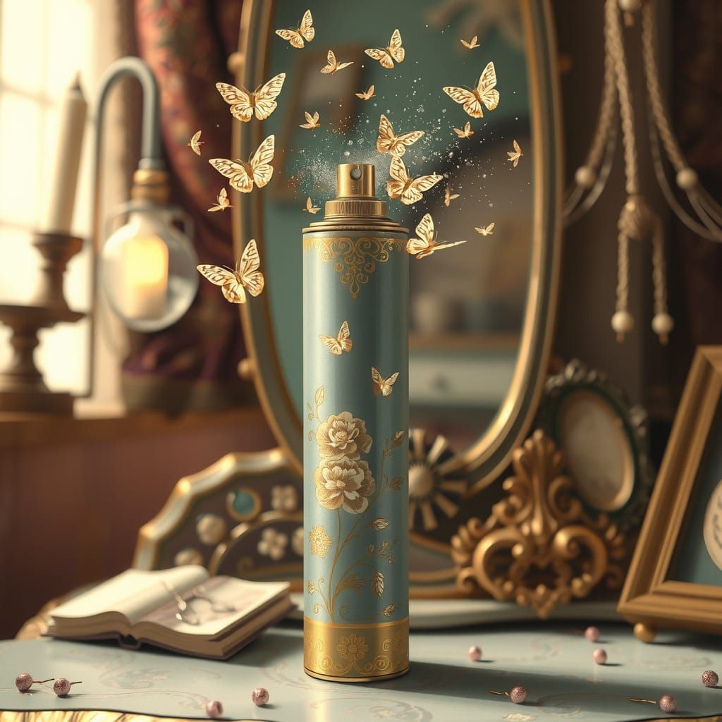Enchanted Hairspray Can with Floral Motifs and Butterfly Mis...