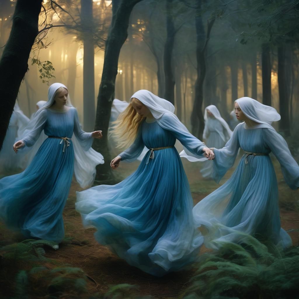 Ethereal Dancers in Twilight Forest: A Pre-Raphaelite Painti...