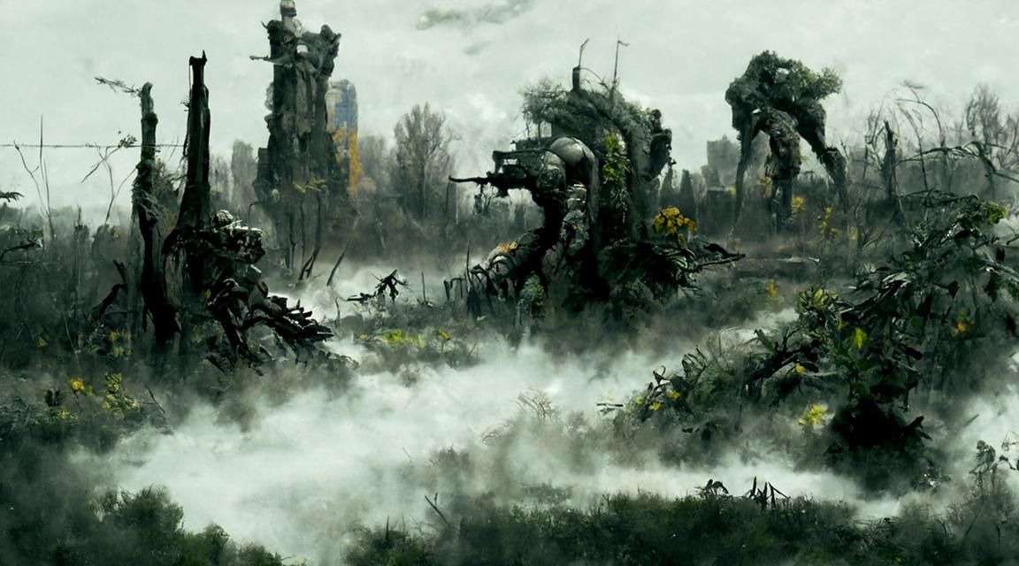 Soldiers Fight Vine Monster in Apocalyptic Landscape