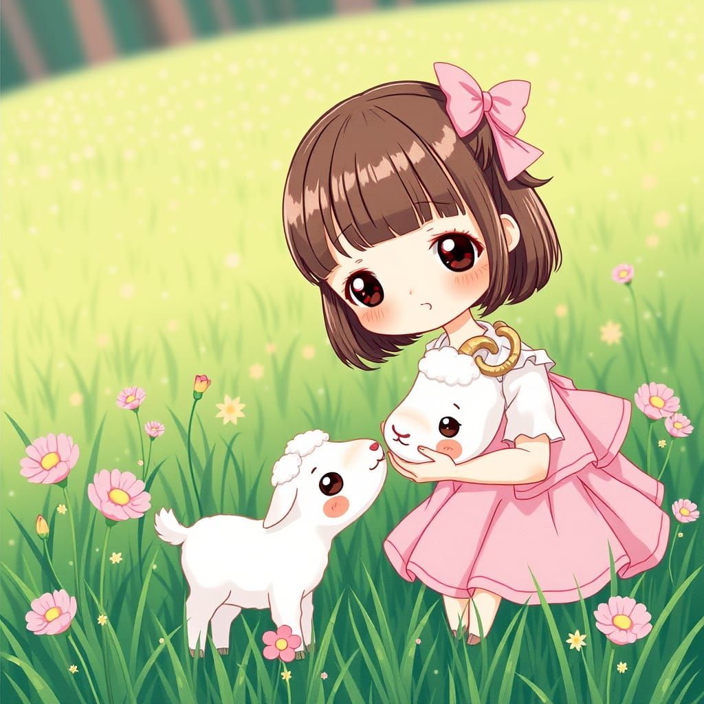 Kawaii Girl Feeds Goat in Anime Style