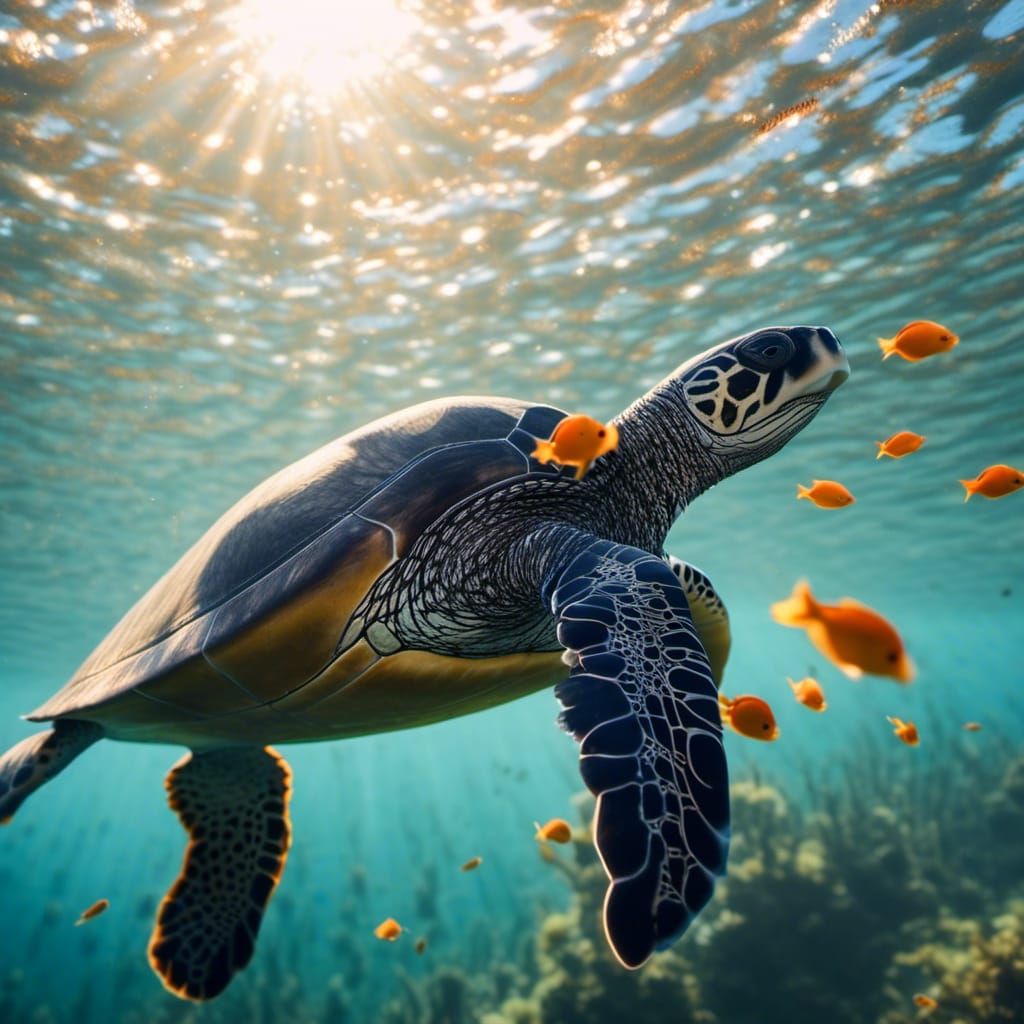 Sea Turtle Underwater with Fish, Bokeh Photography