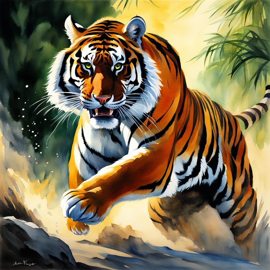Roaring Tiger Pouncing in Chinese Watercolor Style