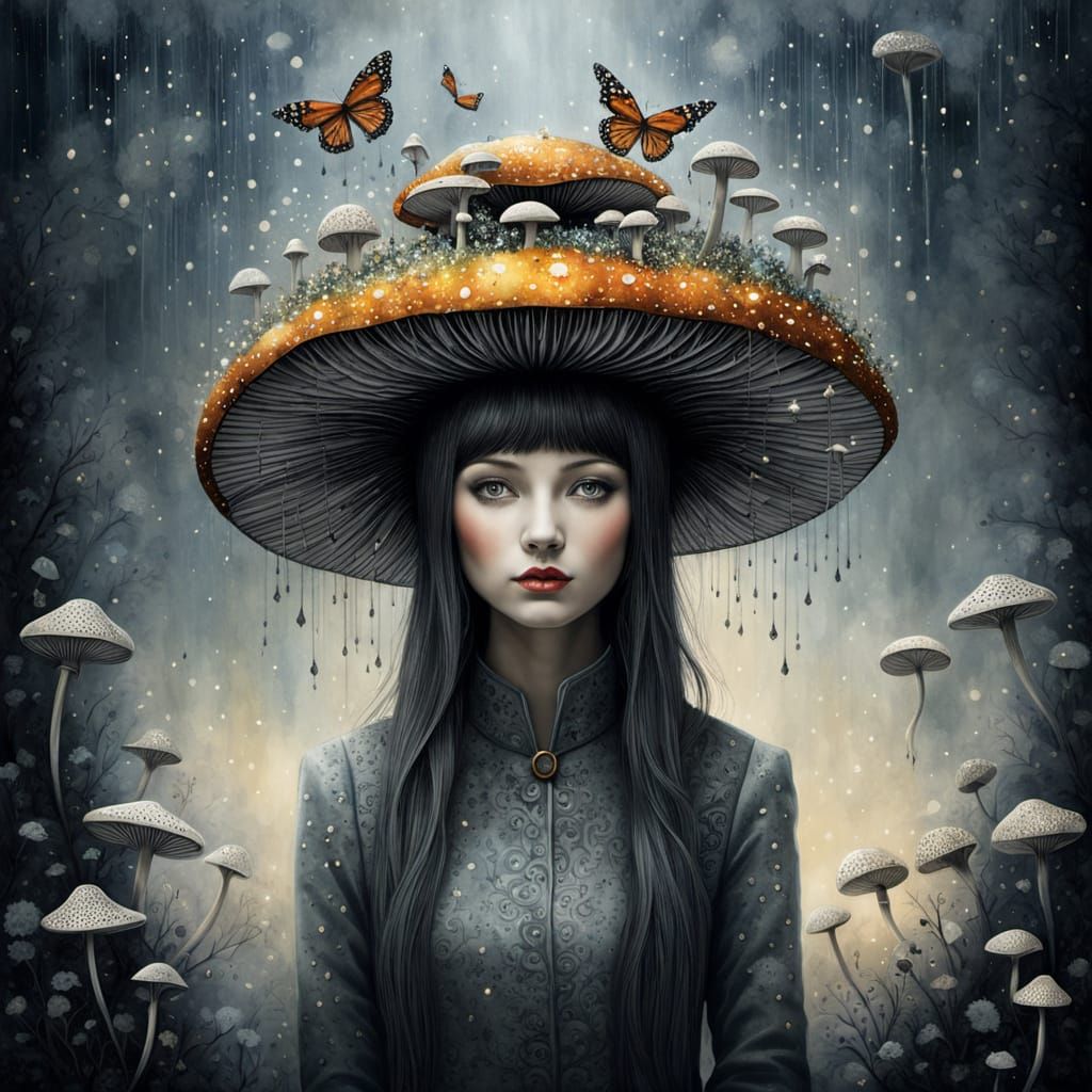 Mysterious Woman with Mushroom Hat in Watercolor Style