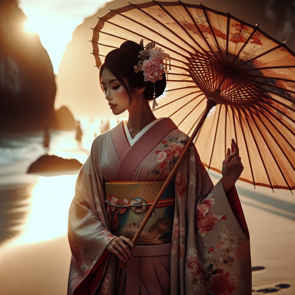 Japanese Woman in Kimono on Beach, Cinematic Film Still