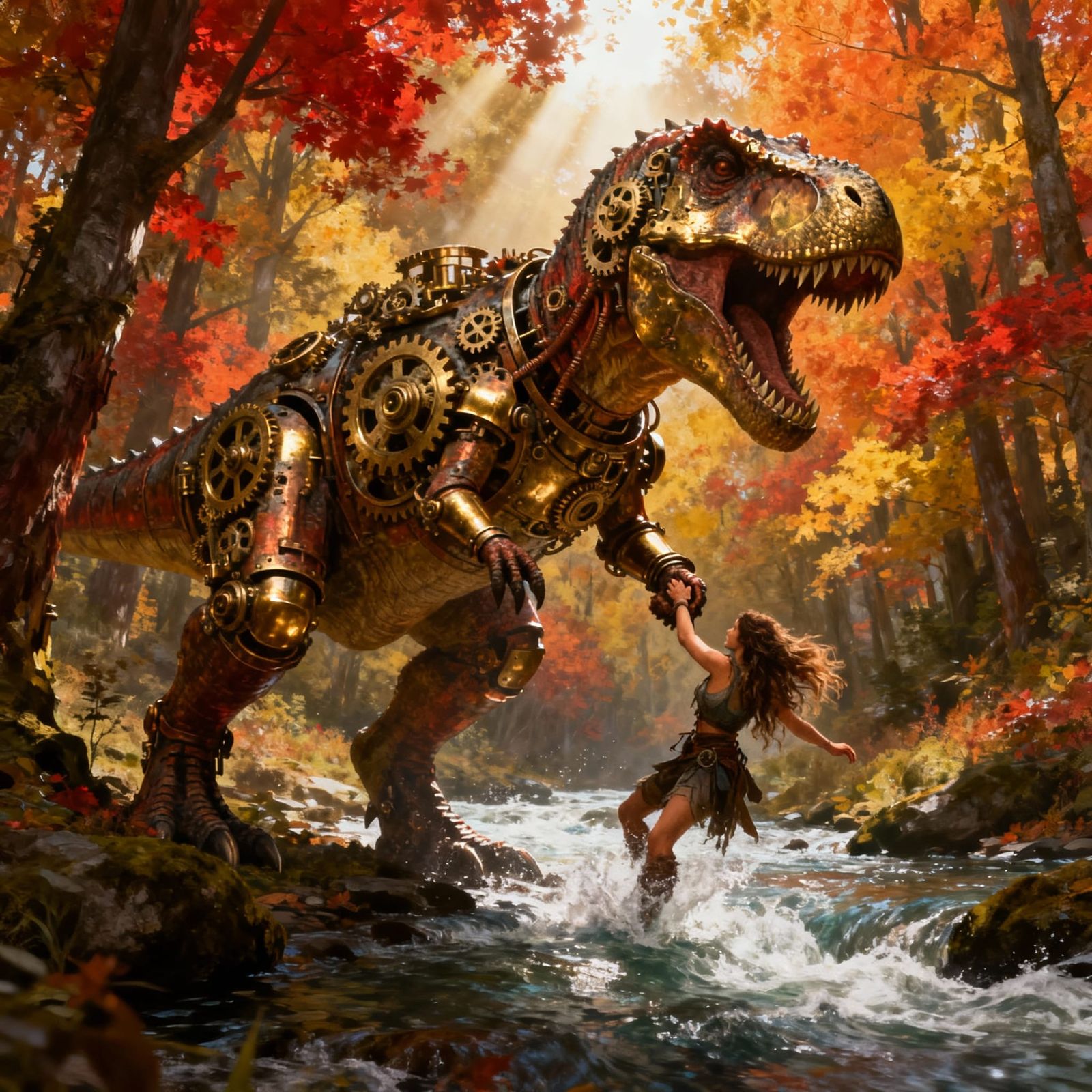 Steampunk T. Rex Rescues Woman in Autumn Forest