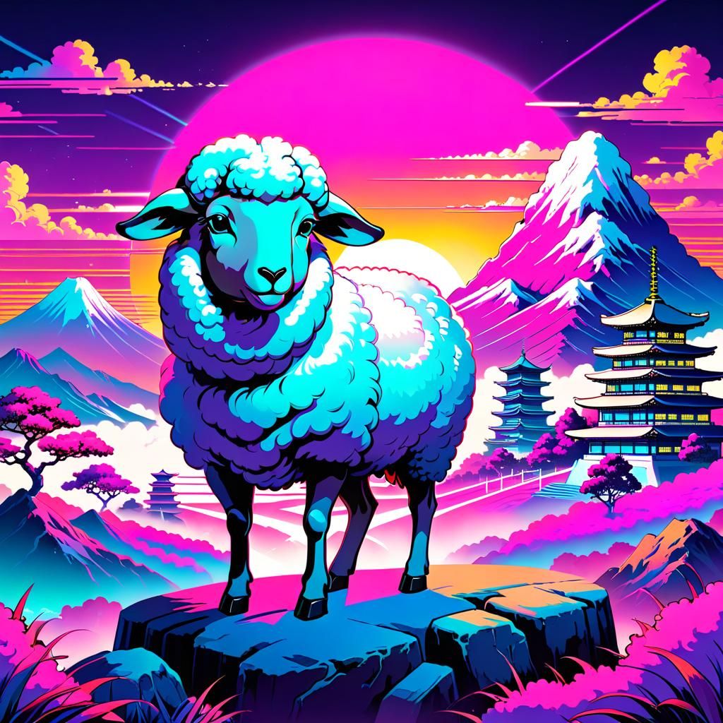 Cool Sheep in Liminal Space: Vaporwave Concept Art