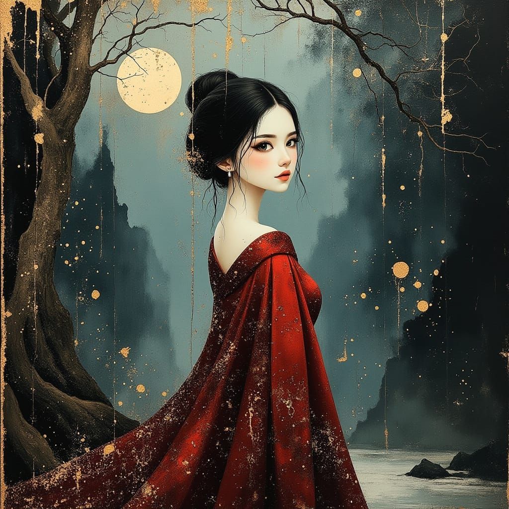 Elegant Woman in Gothic Temple Garden Oil Painting