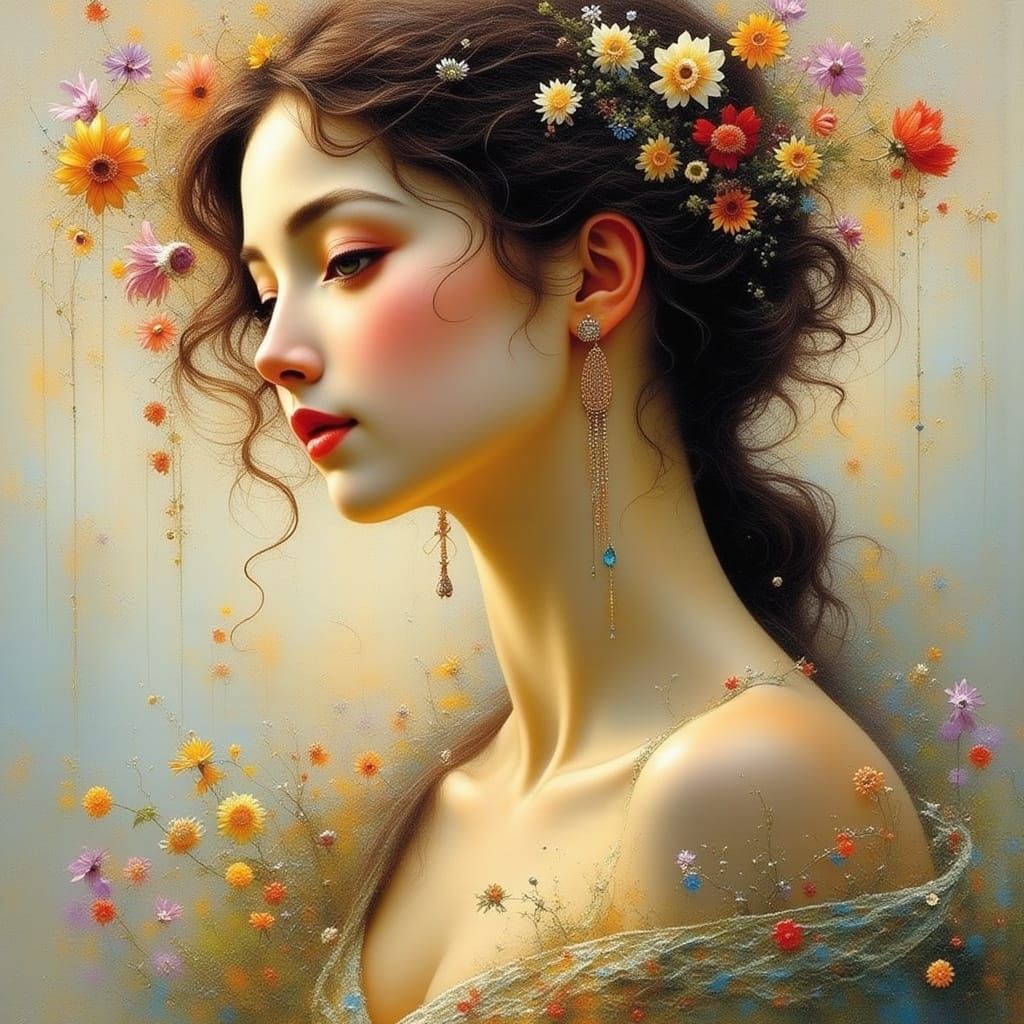 Ethereal Portrait of a Woman in Elegant Attire with Floral P...